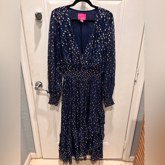 Lilly Pulitzer Dress Cristiana Midi Low Tide NavyMetallic Dobby size 12 - Picture 2 of 4